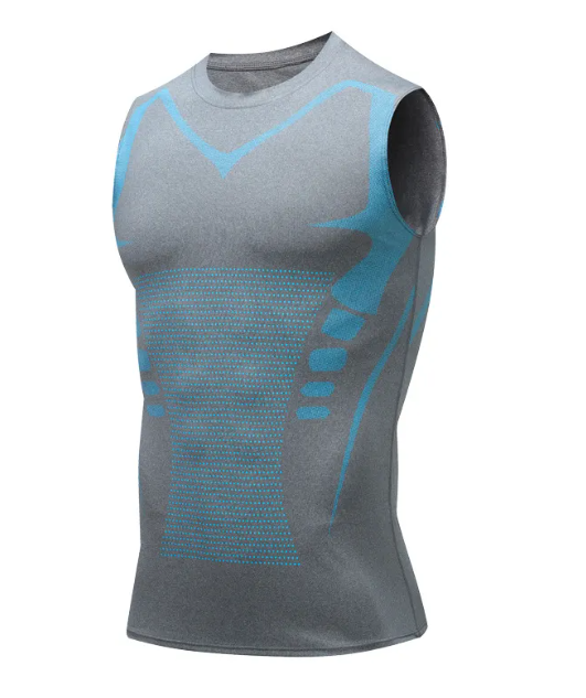 Gray sleeveless athletic shirt with blue accents on a white background