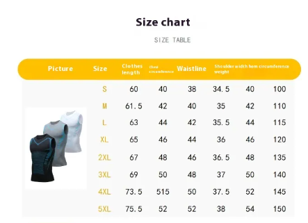 Size chart for clothing with measurements in centimeters