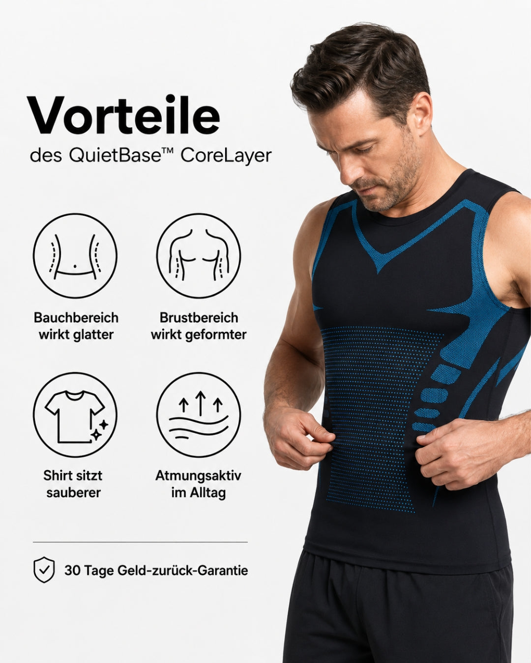 Mann in einem schwarz-blauen Kompressionsshirt mit Text und Symbolen zu dessen Eigenschaften, vor weißem Hintergrund.