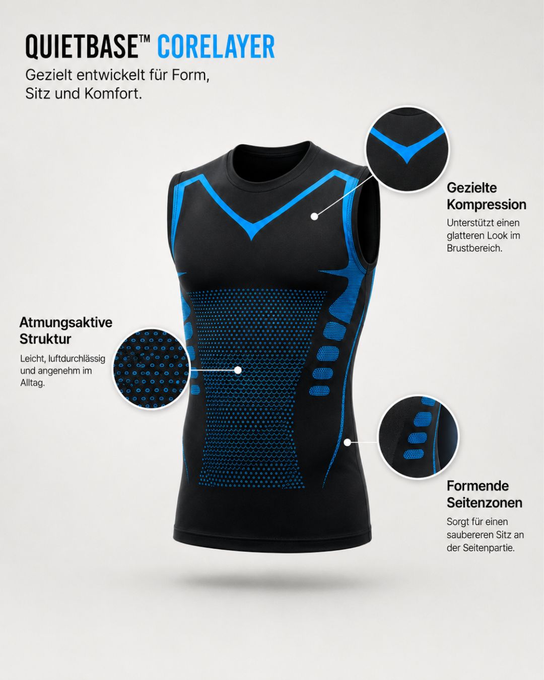 Schwarzes, ärmelloses Kompressionsshirt mit blauen Akzenten auf weißem Hintergrund, versehen mit Text zu den Produktmerkmalen.