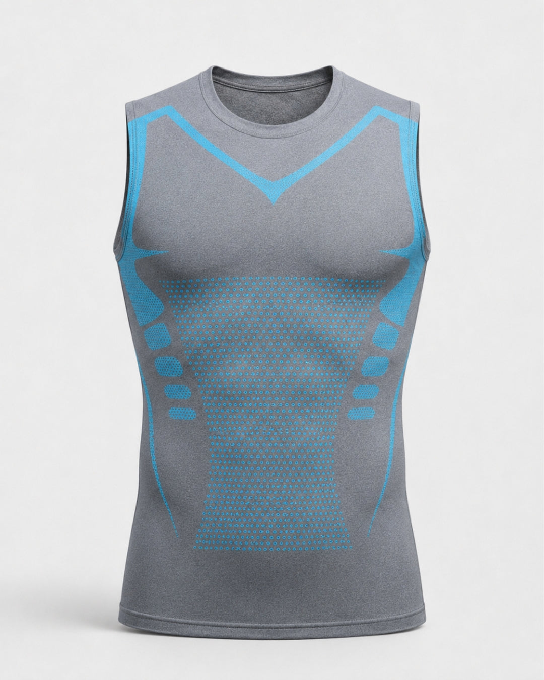 Graues, ärmelloses Sportshirt mit blauen Akzenten auf weißem Hintergrund