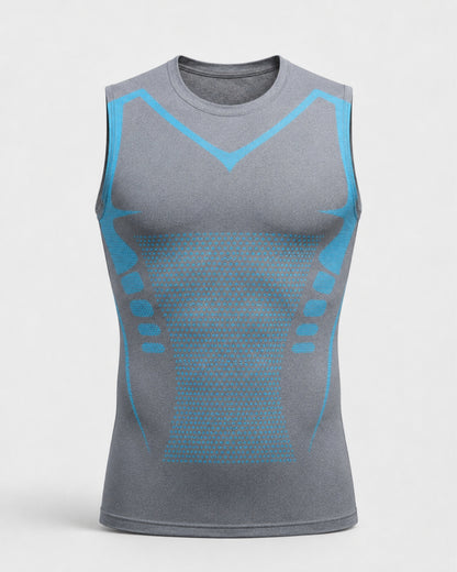 Graues, ärmelloses Sportshirt mit blauen Akzenten auf weißem Hintergrund