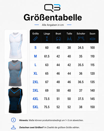 Größentabelle für Sportwesten mit Maßen in Zentimetern und QB-Logo.