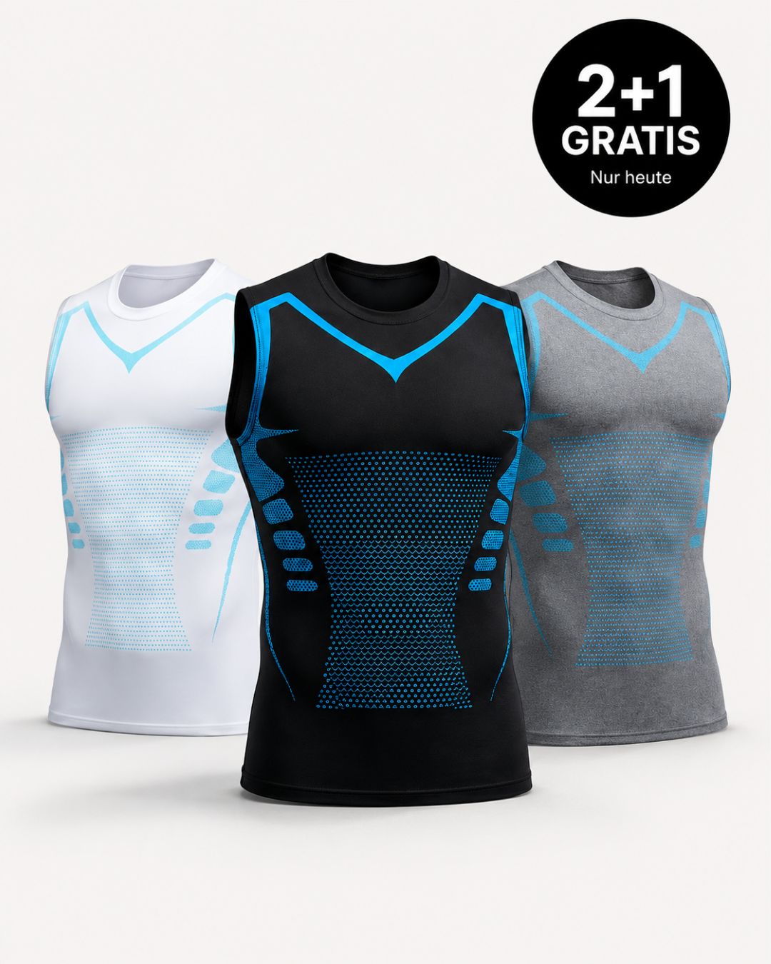Drei sportliche Tanktops in Schwarz, Weiß und Grau mit blauen Akzenten vor weißem Hintergrund.