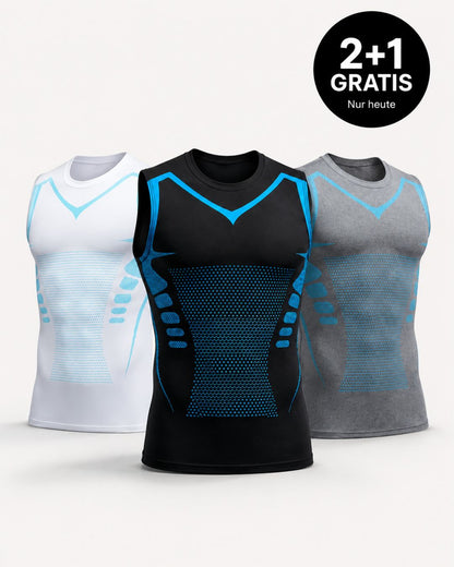 Drei sportliche Tanktops in Schwarz, Weiß und Grau mit blauen Akzenten vor weißem Hintergrund.