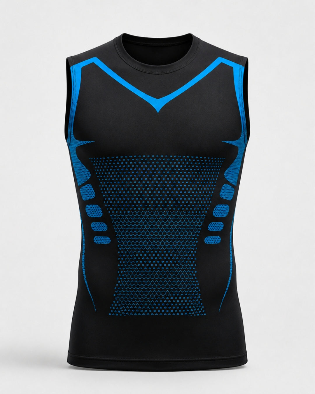 Schwarzes, ärmelloses Sportshirt mit blauen Akzenten auf weißem Hintergrund