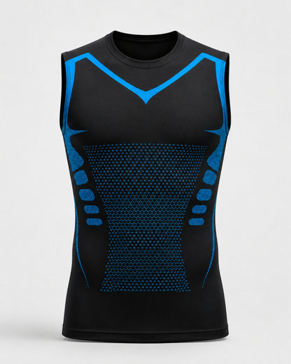 Schwarzes, ärmelloses Sportshirt mit blauen Akzenten auf weißem Hintergrund