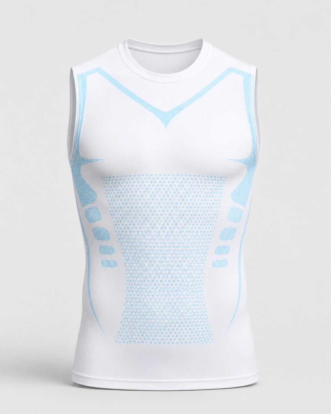 Weißes, ärmelloses Sporttop mit blauen Akzenten auf hellgrauem Hintergrund