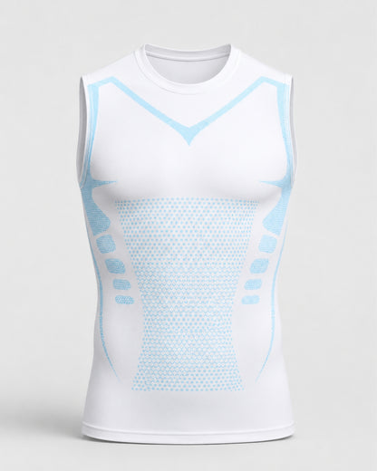 Weißes, ärmelloses Sporttop mit blauen Akzenten auf hellgrauem Hintergrund